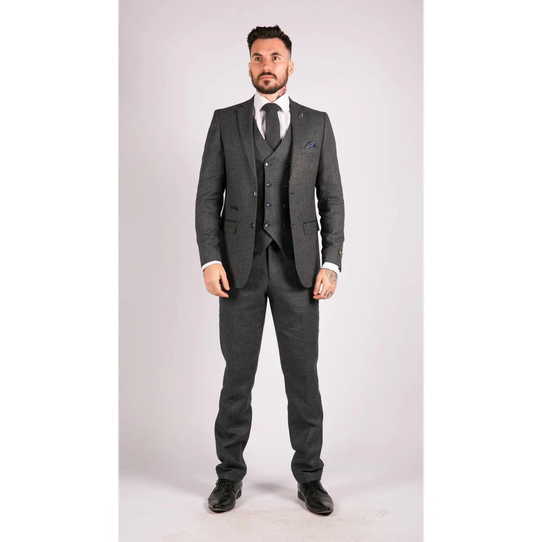 Men's Wool Herringbone Tweed Double Breasted Waistcoat 3 Piece 1920s Suit