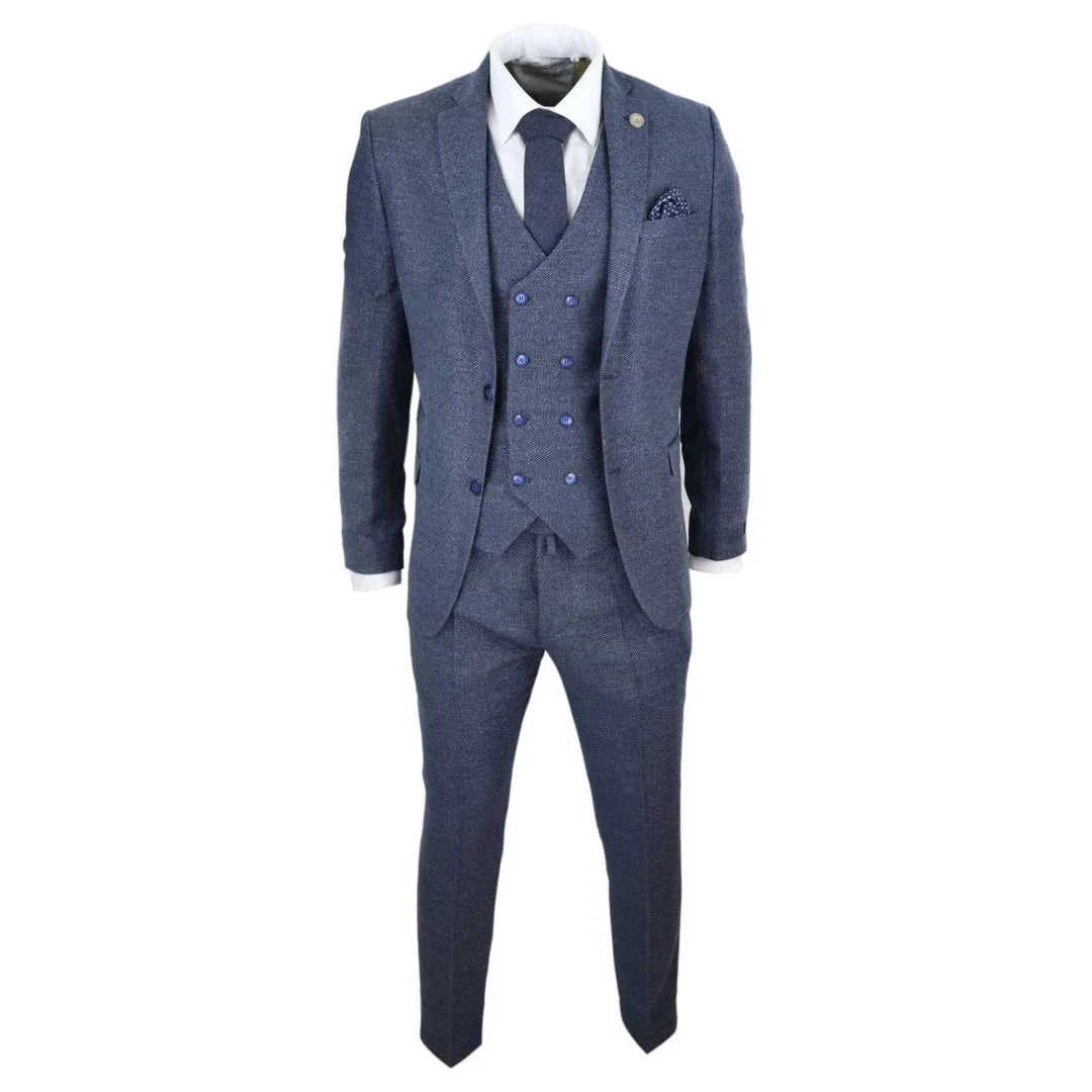 Men's Wool Herringbone Tweed Double Breasted Waistcoat 3 Piece 1920s Suit