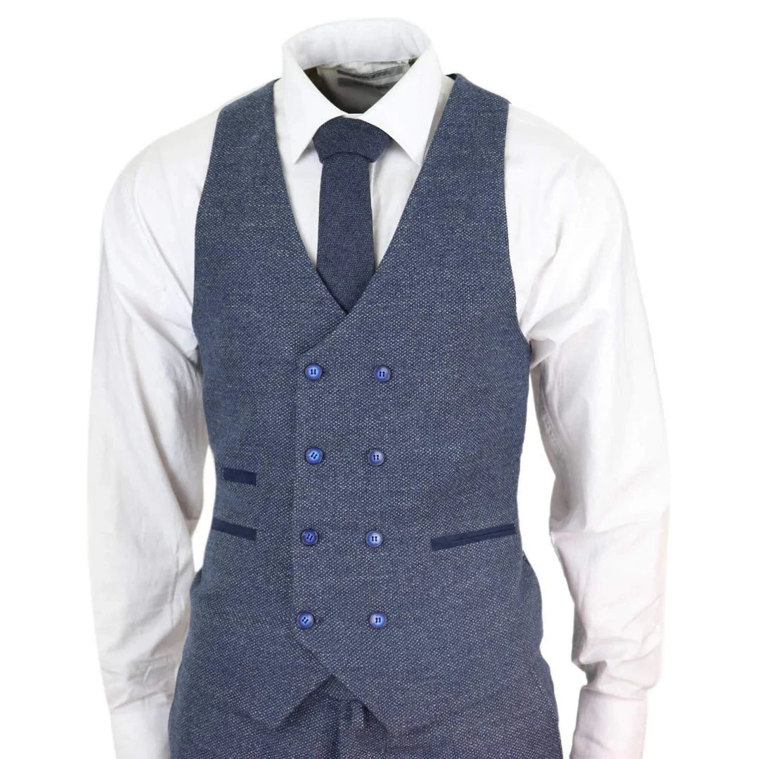 Men's Wool Herringbone Tweed Double Breasted Waistcoat 3 Piece 1920s Suit