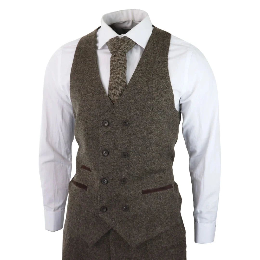 Men's Oak Wool Tweed Double Breasted Waistcoat 3 Piece Blinders 1920s Suit