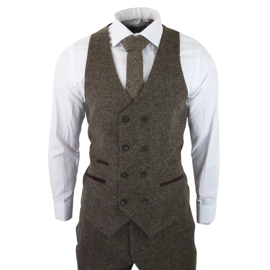 Men's Oak Wool Tweed Double Breasted Waistcoat 3 Piece Blinders 1920s Suit