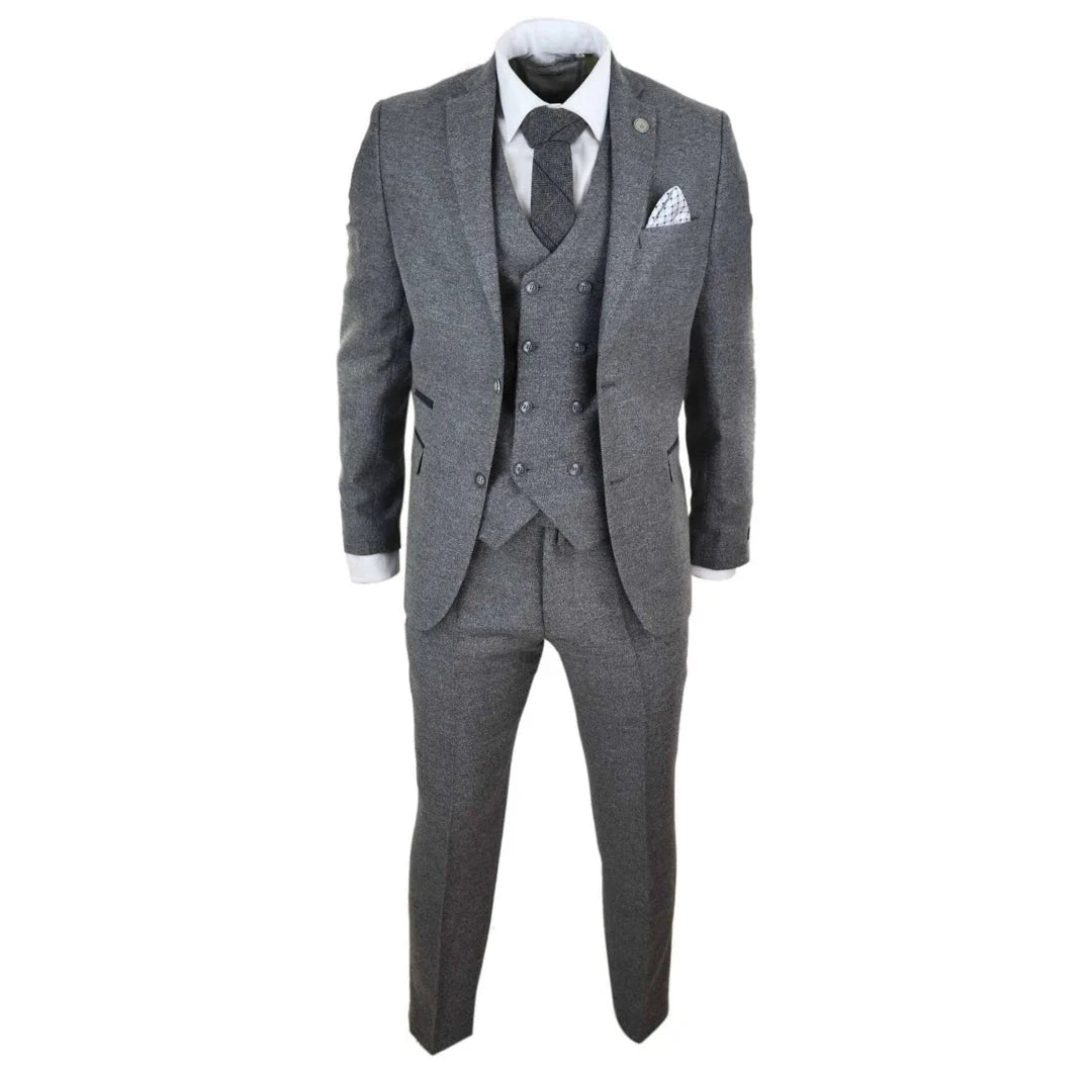 Men's Wool Tweed Windowpane Check Double Breasted Waistcoat 3 Piece 1920s Suit