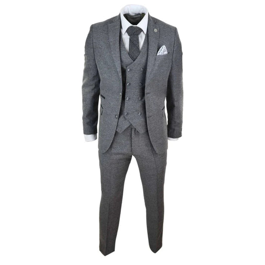 Men's Wool Tweed Windowpane Check Double Breasted Waistcoat 3 Piece 1920s Suit