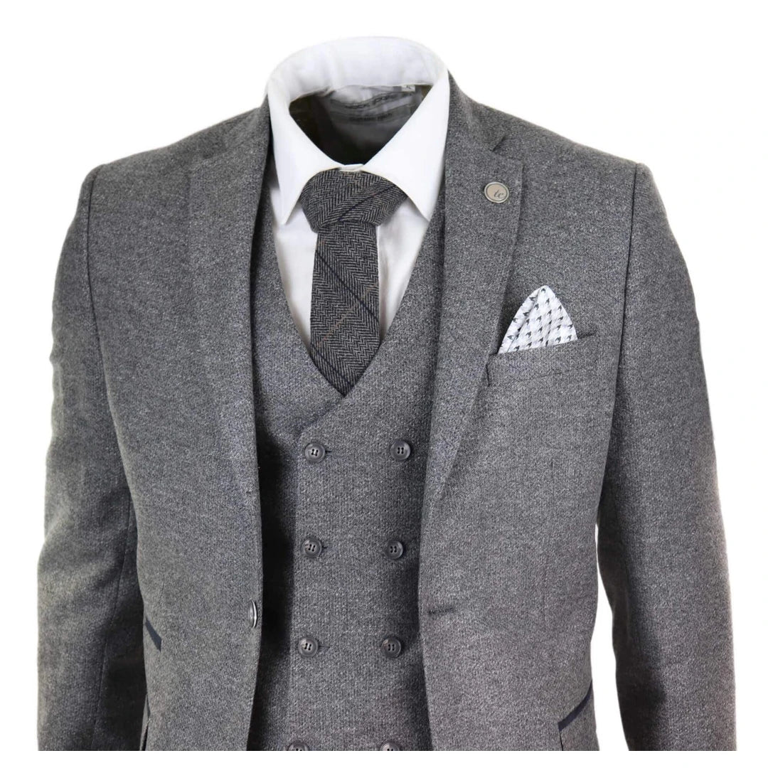 Men's Wool Tweed Windowpane Check Double Breasted Waistcoat 3 Piece 1920s Suit