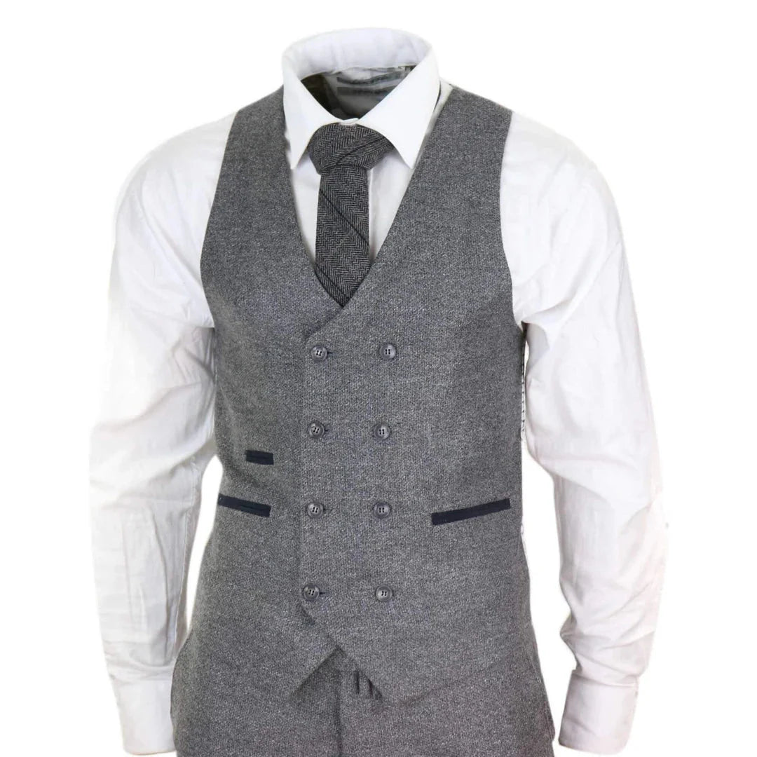 Men's Wool Tweed Windowpane Check Double Breasted Waistcoat 3 Piece 1920s Suit