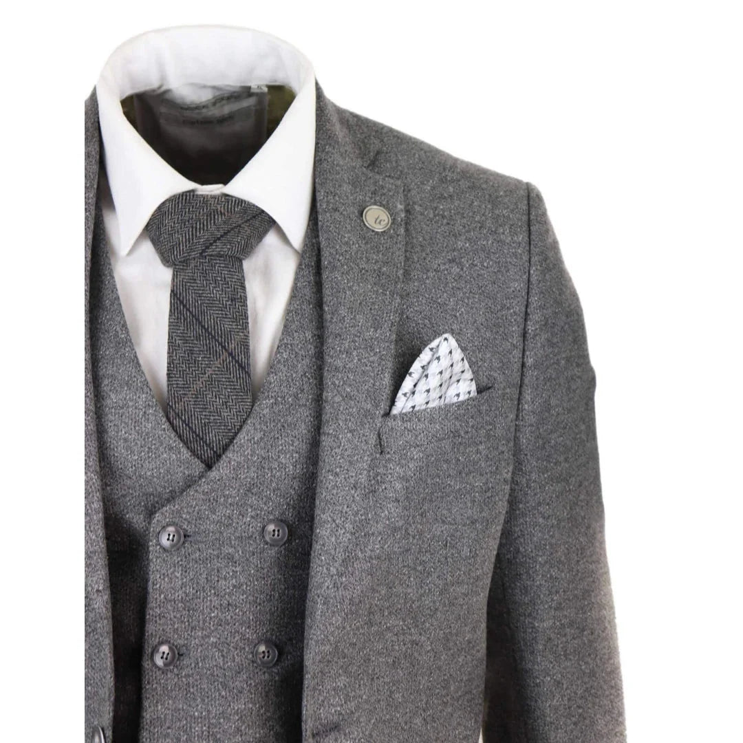 Men's Wool Tweed Windowpane Check Double Breasted Waistcoat 3 Piece 1920s Suit