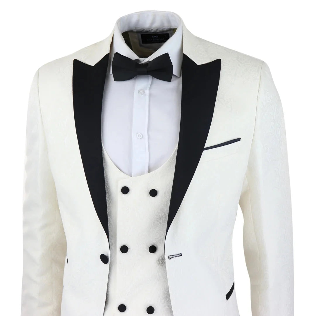 Men's Ivory Black Paisley Tuxedo Blazer and Waistcoat Dinner Jacket