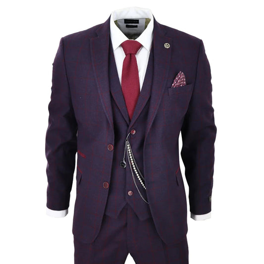 STZ70 Men's 3 Piece Wool Tweed Plum Wine Check 1920s Gatsby Suit