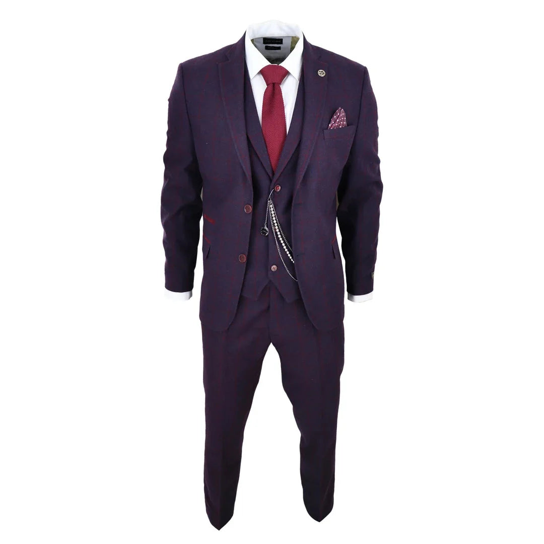 STZ70 Men's 3 Piece Wool Tweed Plum Wine Check 1920s Gatsby Suit