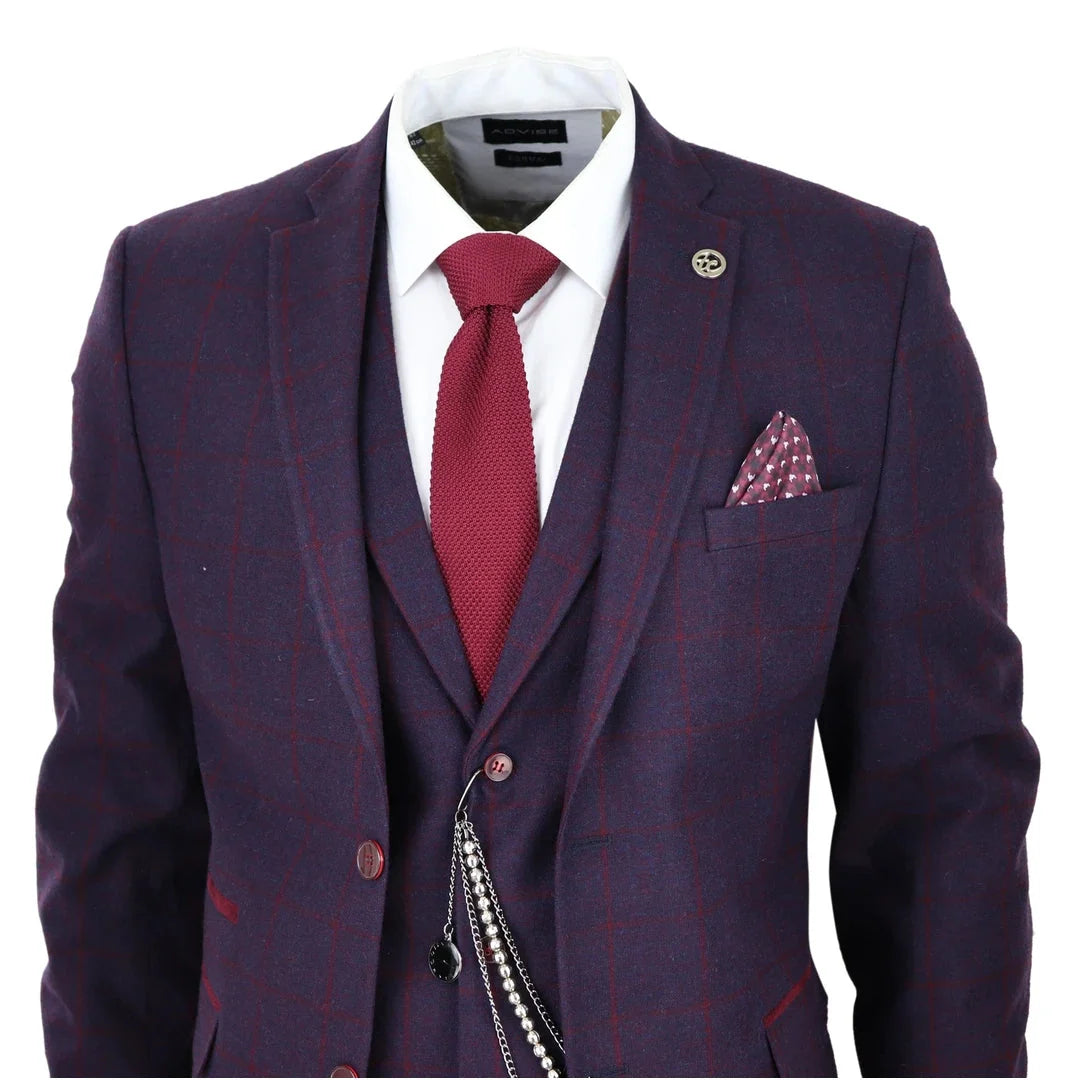 STZ70 Men's 3 Piece Wool Tweed Plum Wine Check 1920s Gatsby Suit