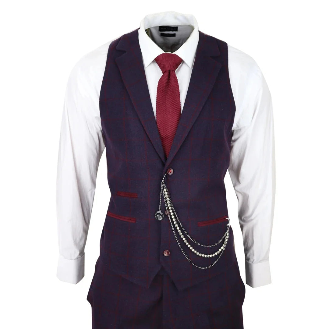 STZ70 Men's 3 Piece Wool Tweed Plum Wine Check 1920s Gatsby Suit