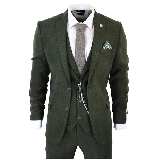 Men's 3 Piece Wool Tweed Green Blue Brown Check Gatsby Suit