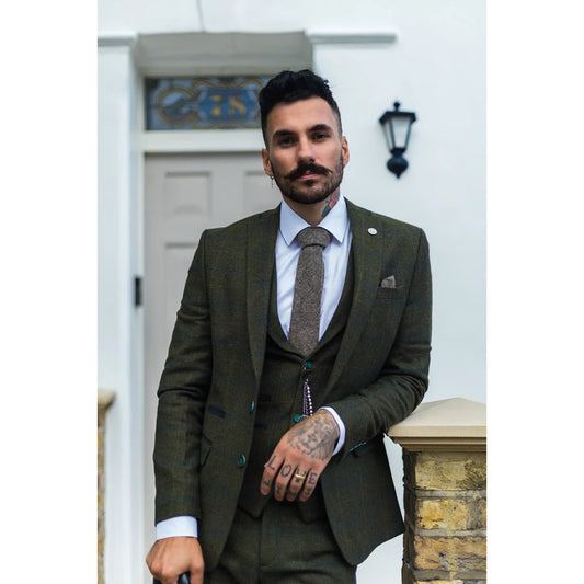 Men's 3 Piece Wool Tweed Green Blue Brown Check Gatsby Suit