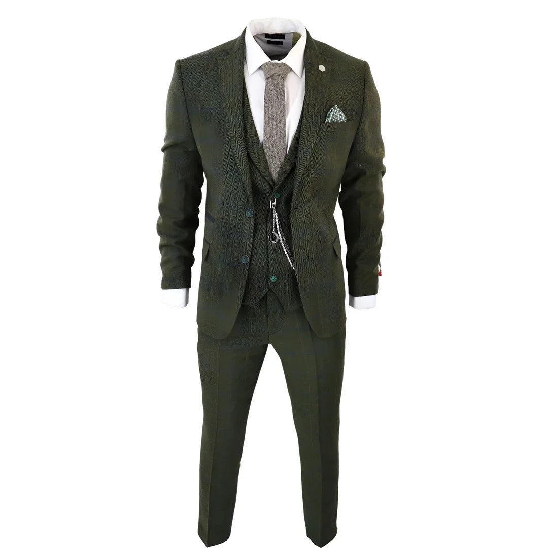 Men's 3 Piece Wool Tweed Green Blue Brown Check Gatsby Suit