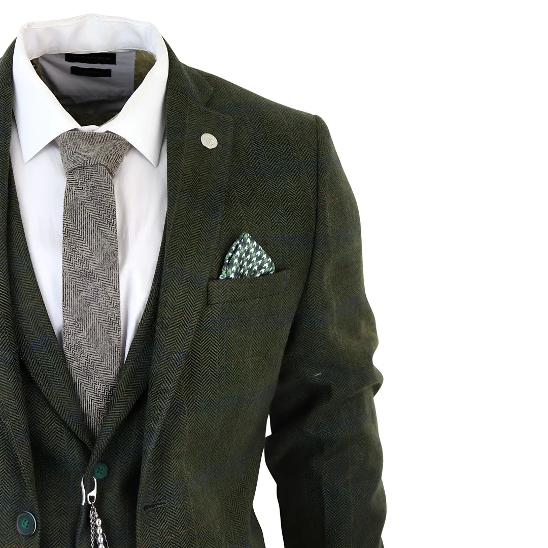 Men's 3 Piece Wool Tweed Green Blue Brown Check Gatsby Suit