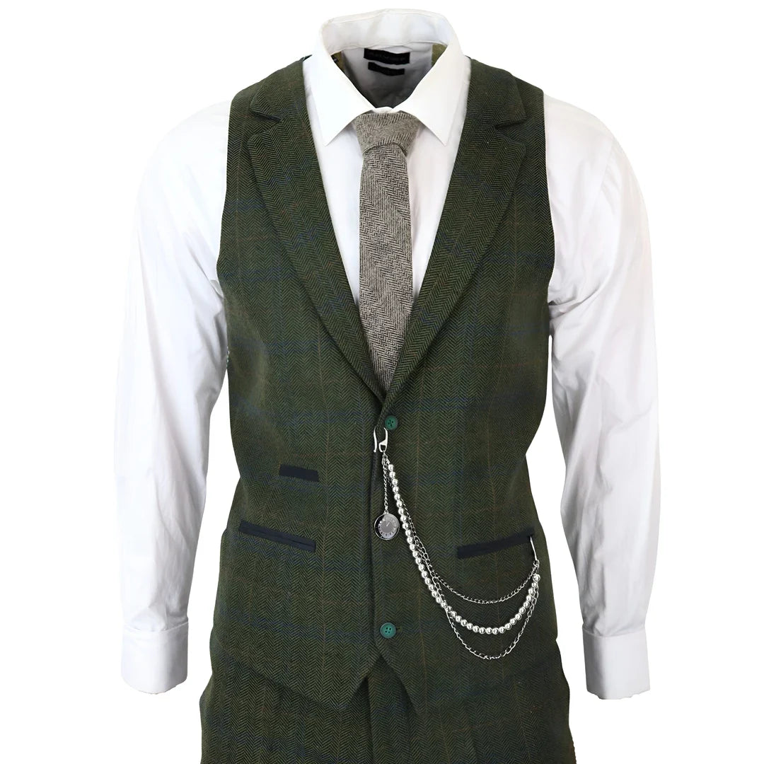 Men's 3 Piece Wool Tweed Green Blue Brown Check Gatsby Suit