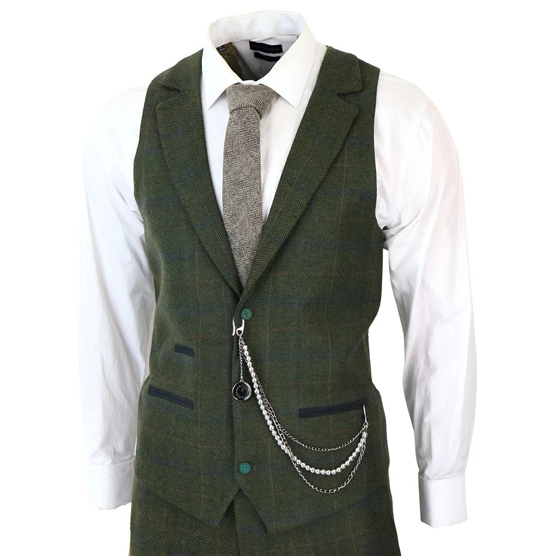 Men's 3 Piece Wool Tweed Green Blue Brown Check Gatsby Suit