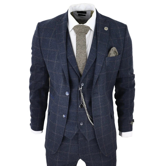 Men's 3 Piece Wool Tweed Navy Blue Brown Check 1920s Gatsby Suit