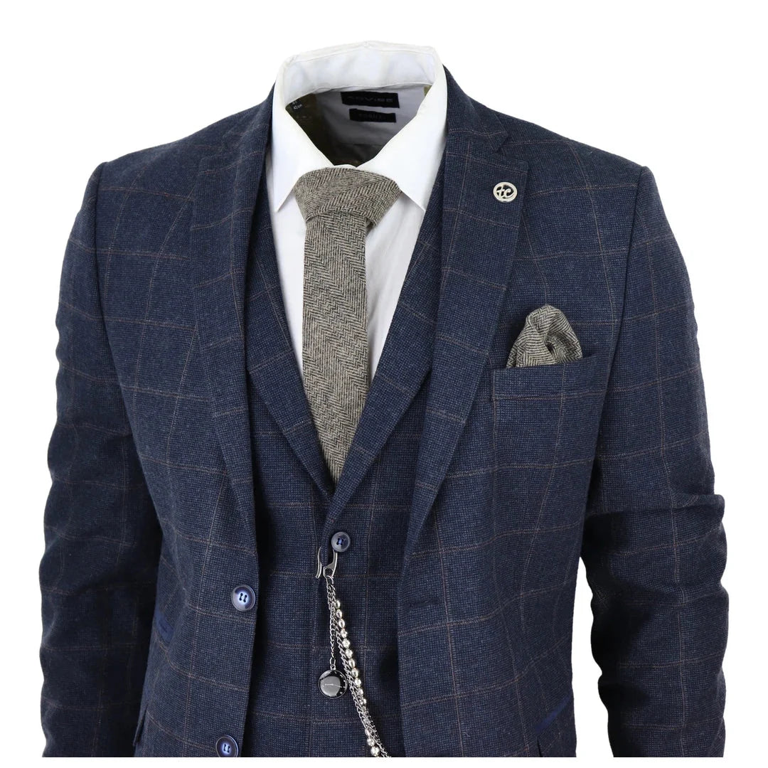 Men's 3 Piece Wool Tweed Navy Blue Brown Check 1920s Gatsby Suit
