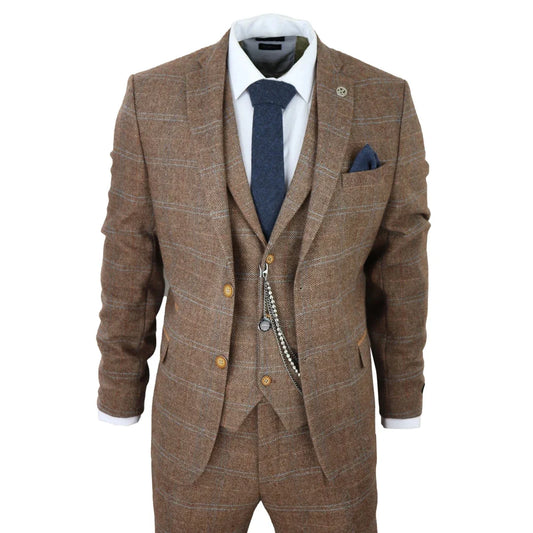 Men's 3 Piece Wool Tweed Herringbone Tan Brown Blue Check Gatsby Suit