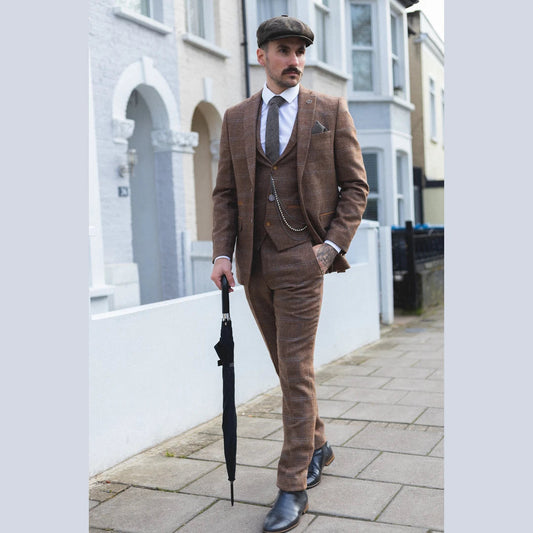 Men's 3 Piece Wool Tweed Herringbone Tan Brown Blue Check Gatsby Suit