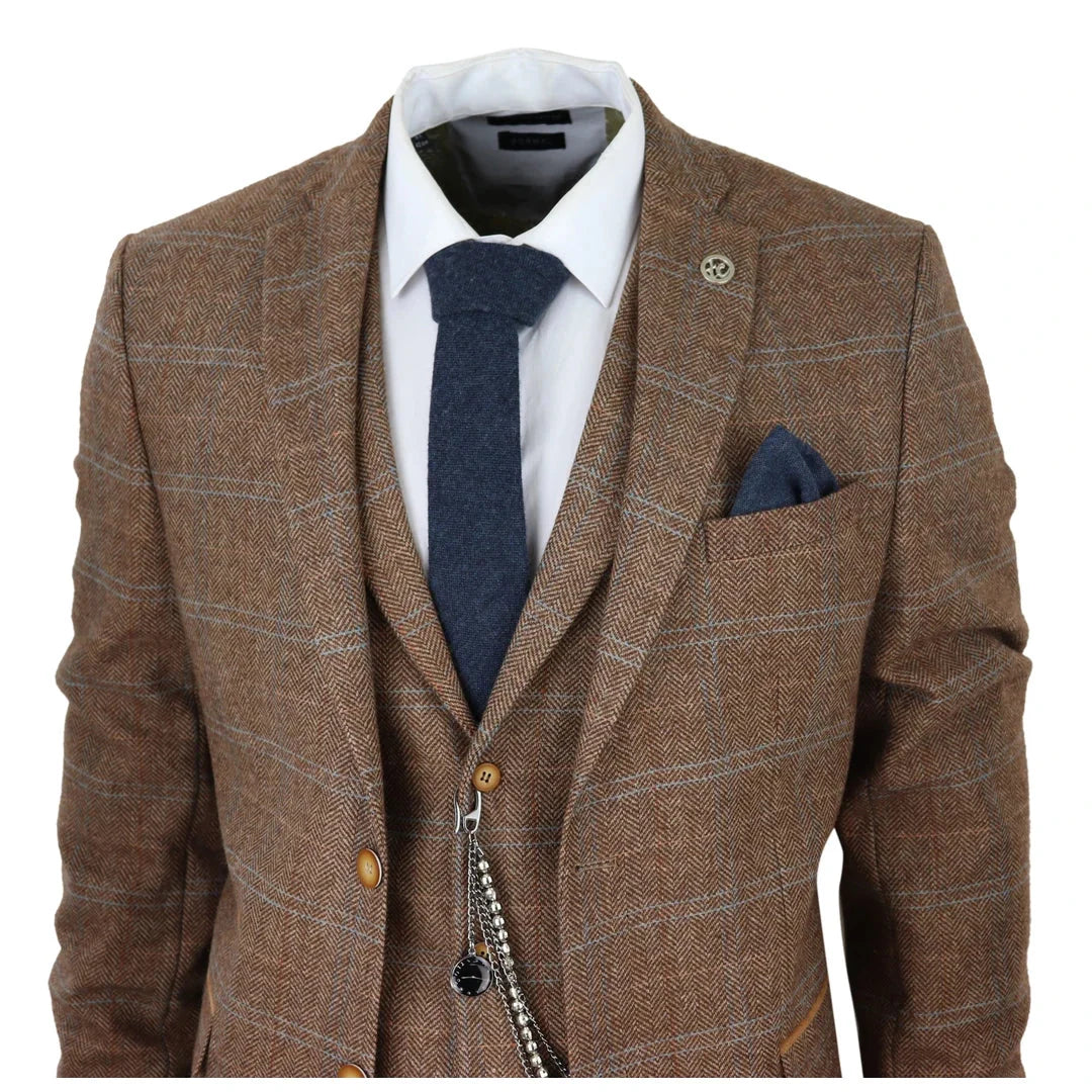 Men's 3 Piece Wool Tweed Herringbone Tan Brown Blue Check Gatsby Suit