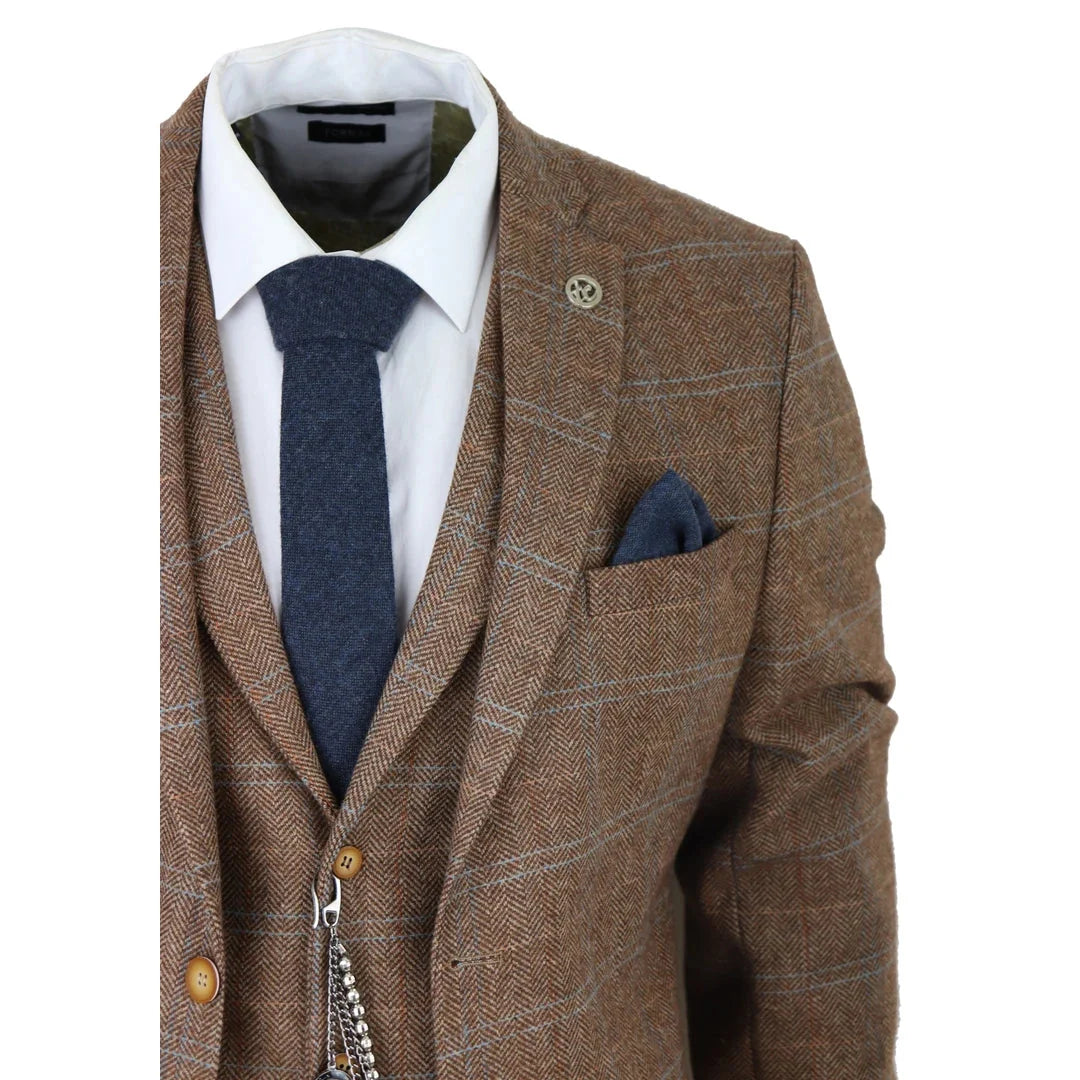 Men's 3 Piece Wool Tweed Herringbone Tan Brown Blue Check Gatsby Suit