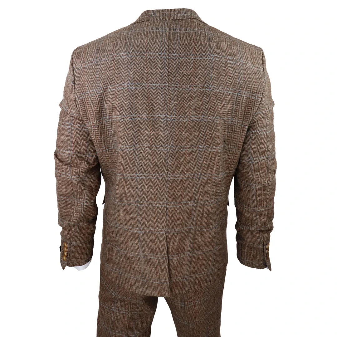 Men's 3 Piece Wool Tweed Herringbone Tan Brown Blue Check Gatsby Suit