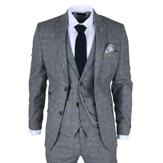 Men's 3 Piece Wool Tweed Light Blue Grey Check Suit
