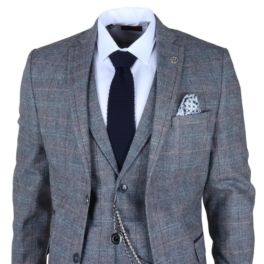 Men's 3 Piece Wool Tweed Light Blue Grey Check Suit