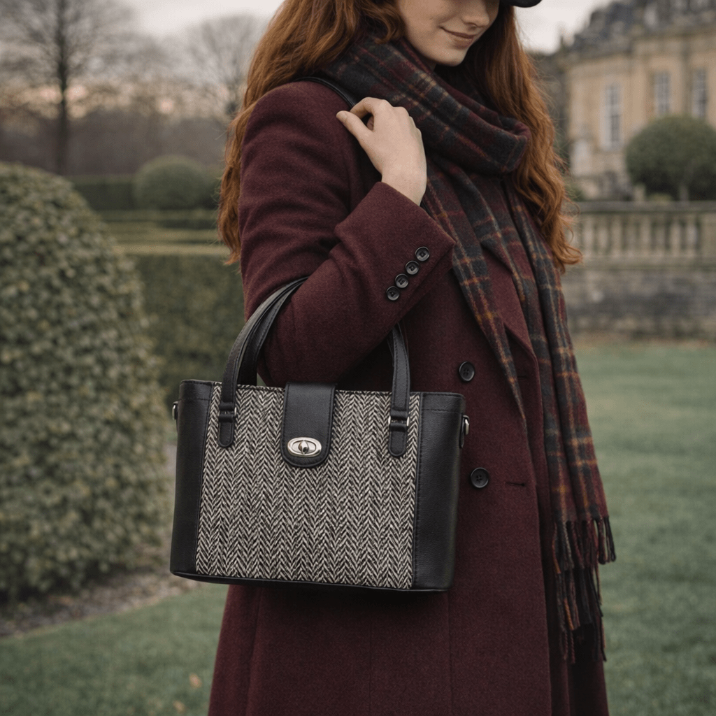 Tannery Tweed & Leather Mini Twist Lock Shopper Bag – Black - Bascora