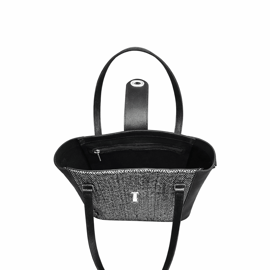 Tannery Tweed & Leather Mini Twist Lock Shopper Bag – Black - Bascora