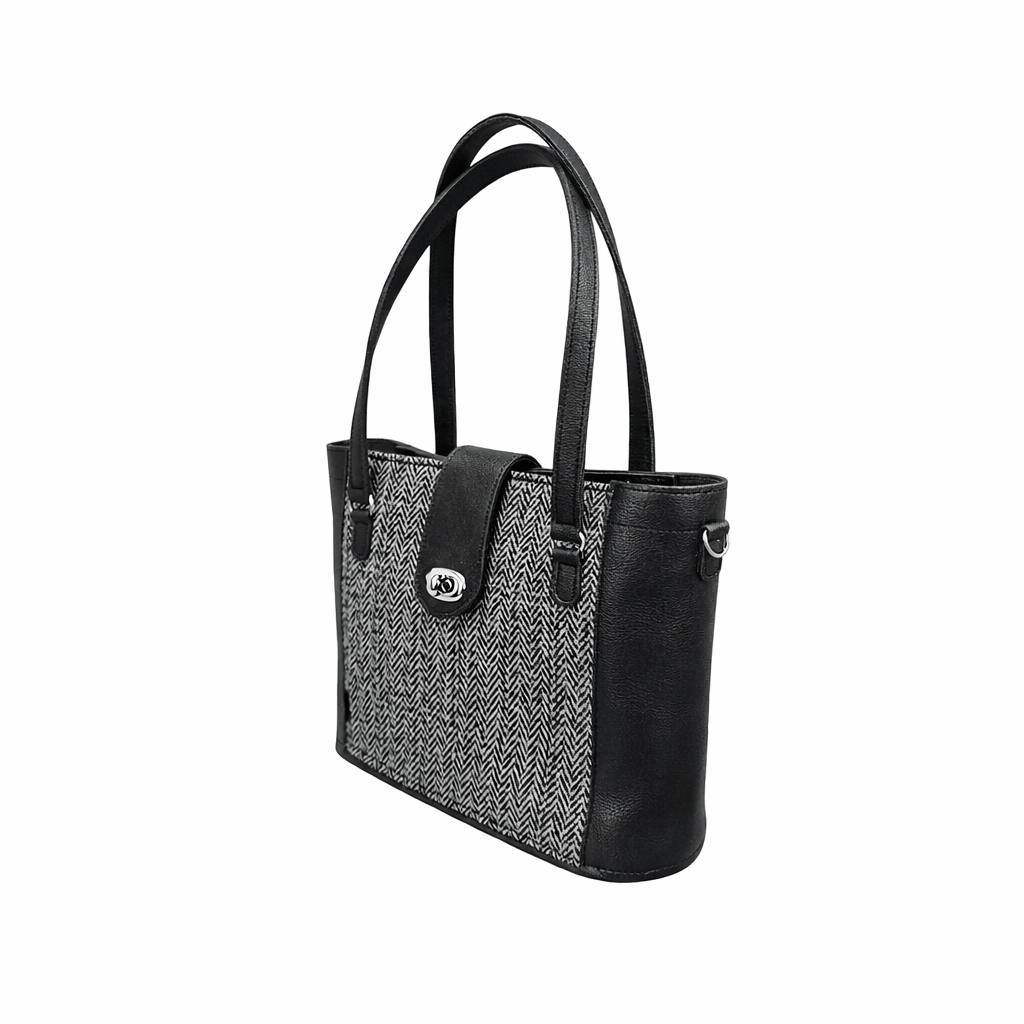 Tannery Tweed & Leather Mini Twist Lock Shopper Bag – Black - Bascora