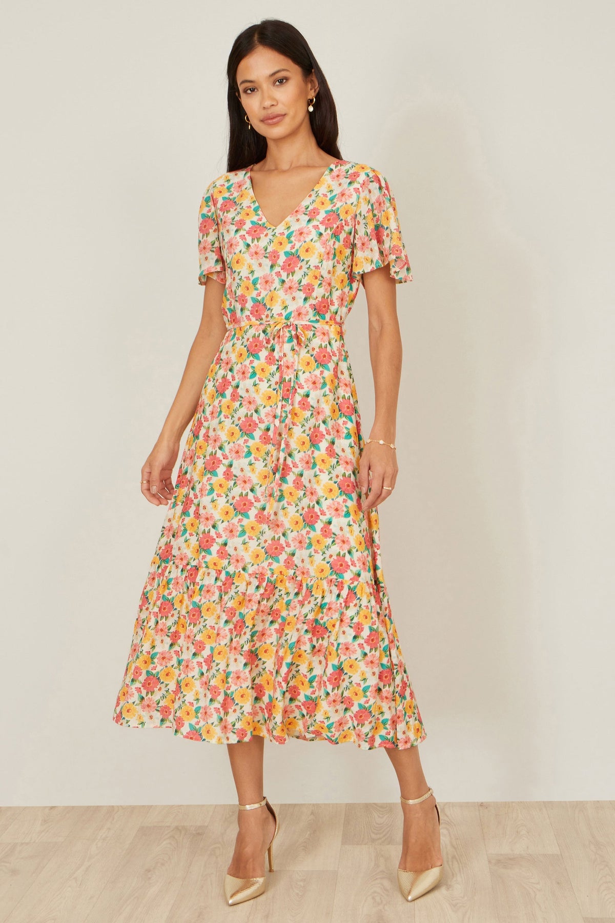 The Angel Sleeve – Floral Midi Tea Dress - Bascora