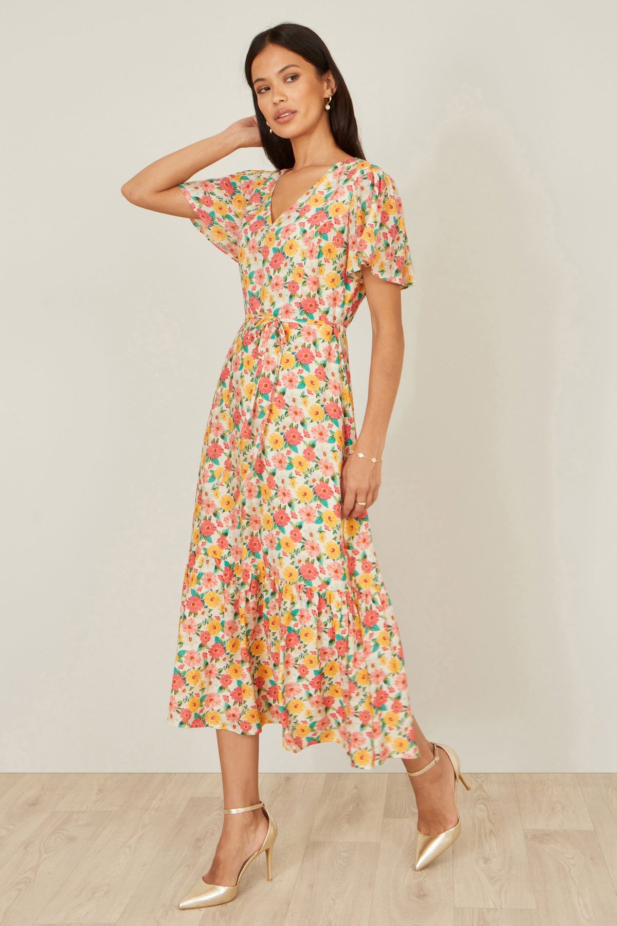 The Angel Sleeve – Floral Midi Tea Dress - Bascora