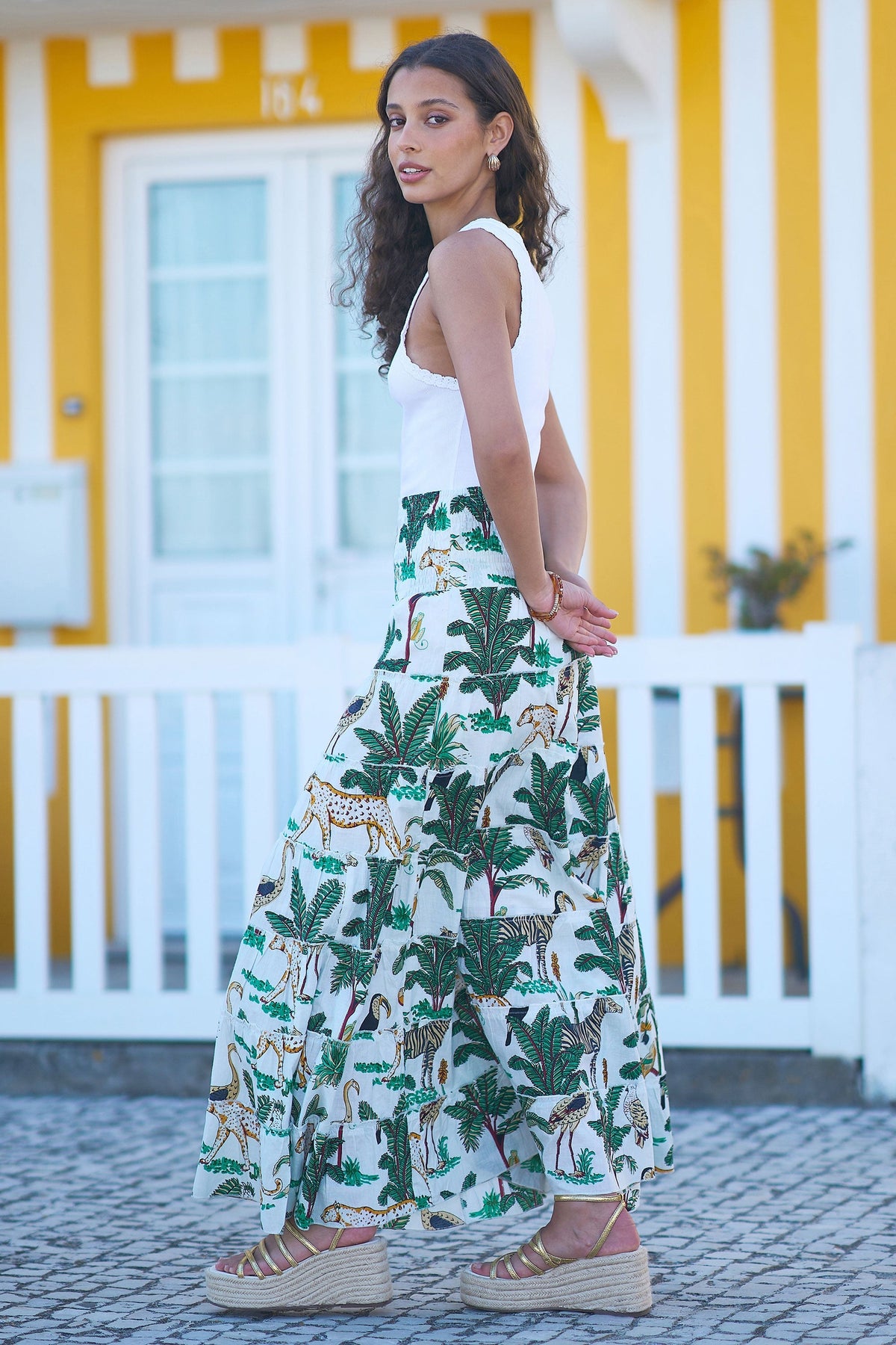 The Animal Print – White Cotton Tiered Maxi Skirt - Bascora