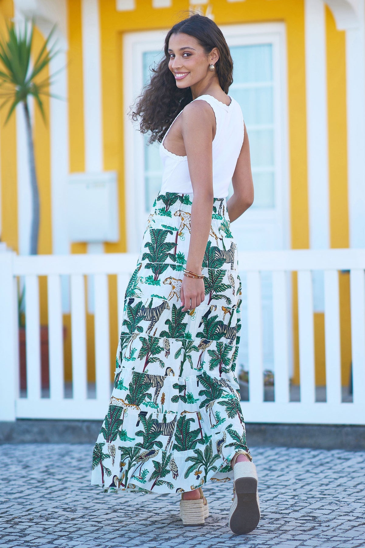 The Animal Print – White Cotton Tiered Maxi Skirt - Bascora