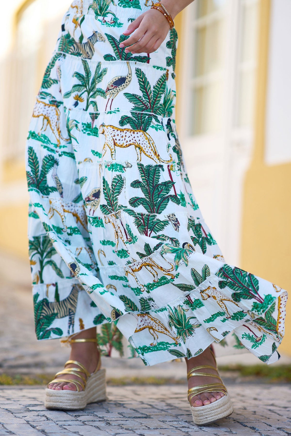 The Animal Print – White Cotton Tiered Maxi Skirt - Bascora