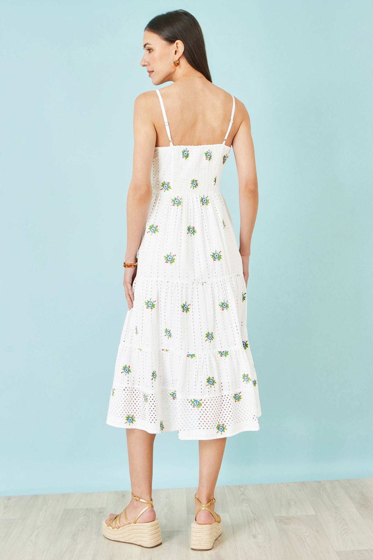 The Broderie – White Cotton Embroidered Midi Dress - Bascora
