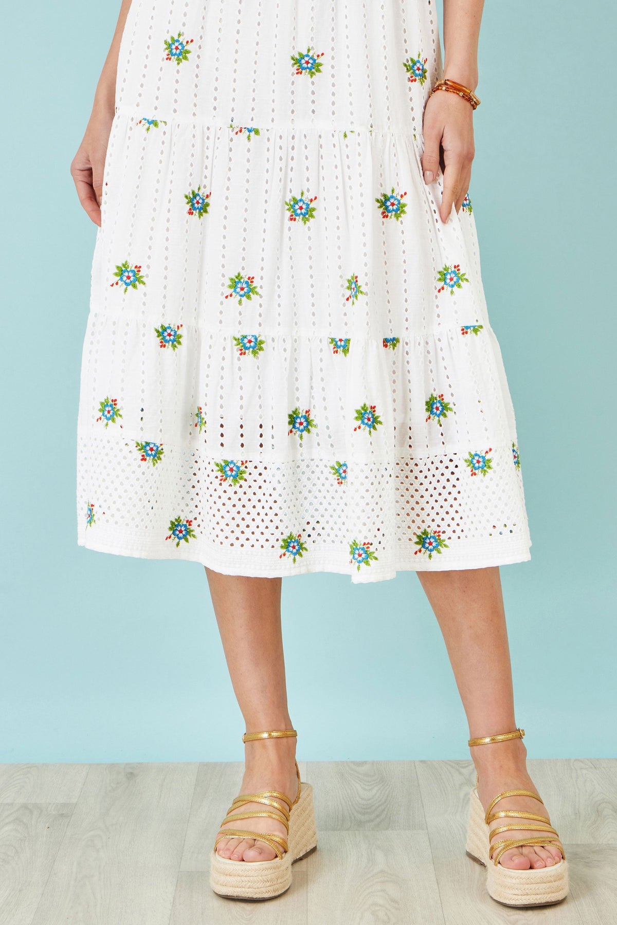 The Broderie – White Cotton Embroidered Midi Dress - Bascora