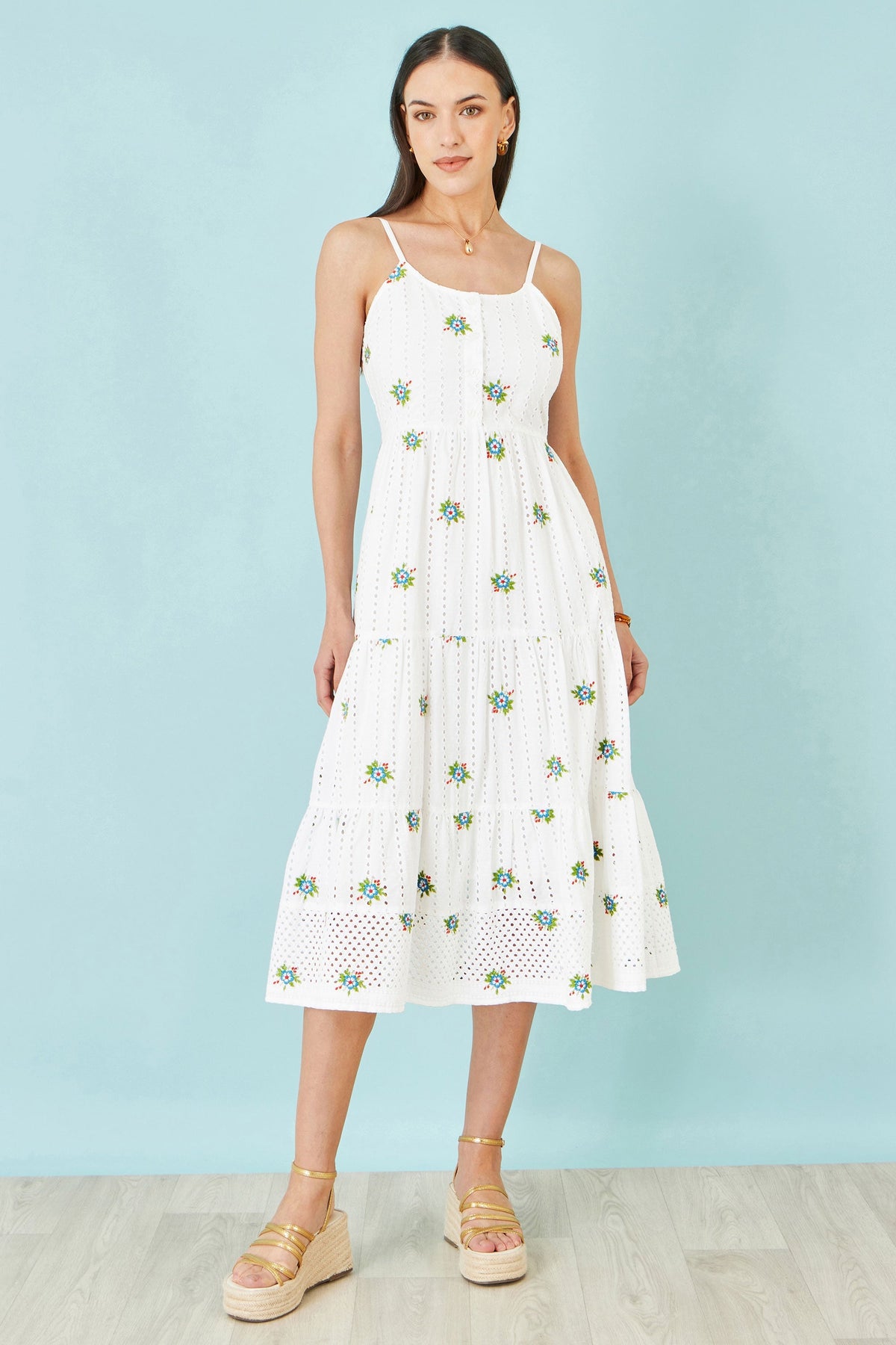 The Broderie – White Cotton Embroidered Midi Dress - Bascora