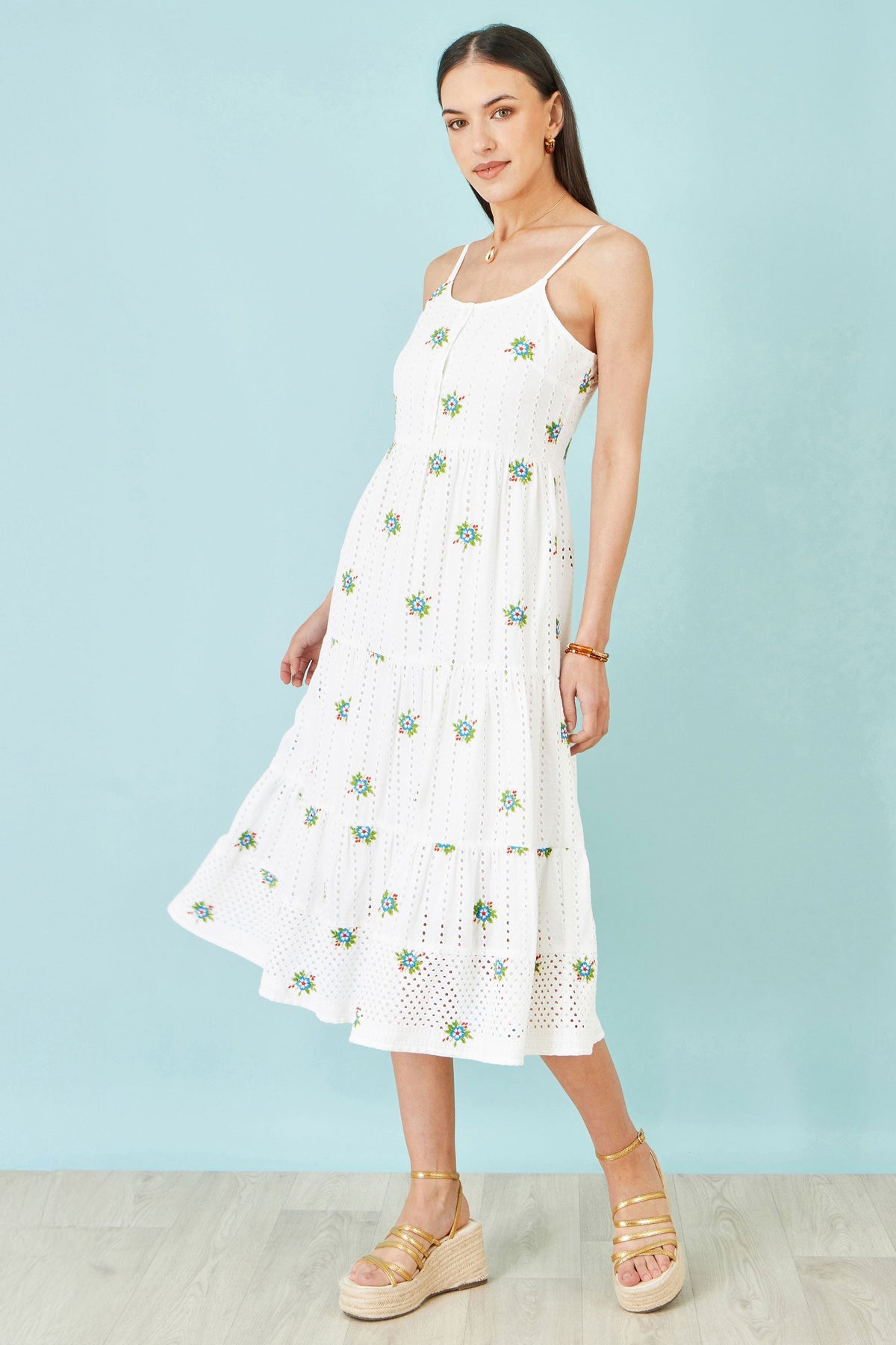 The Broderie – White Cotton Embroidered Midi Dress - Bascora