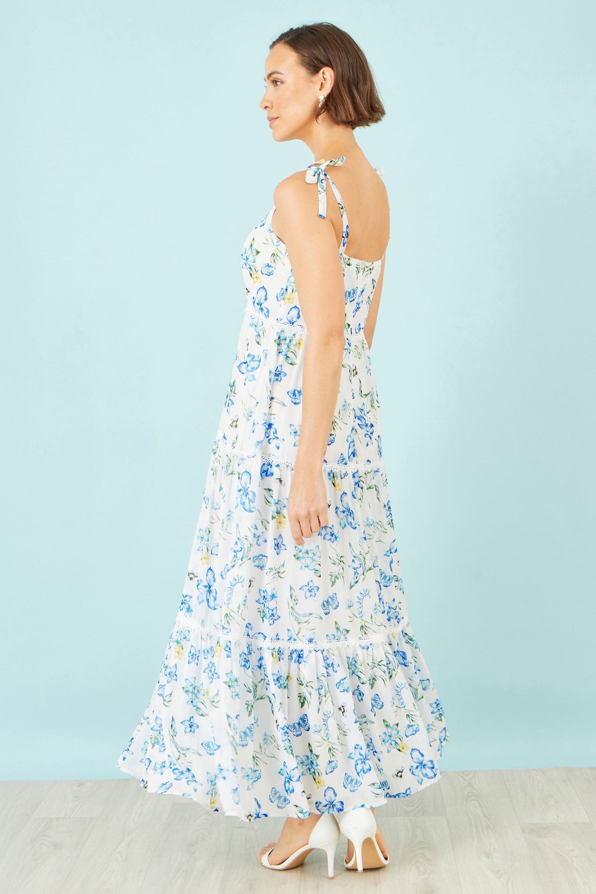 The Butterfly Print – White Tiered Maxi Dress - Bascora