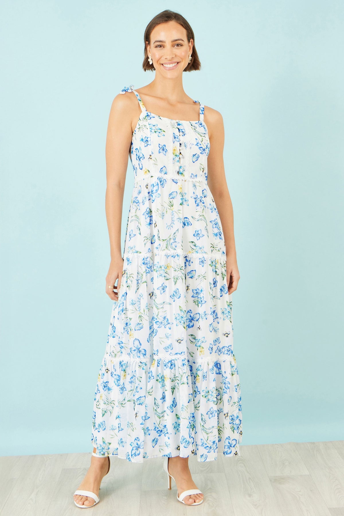 The Butterfly Print – White Tiered Maxi Dress - Bascora