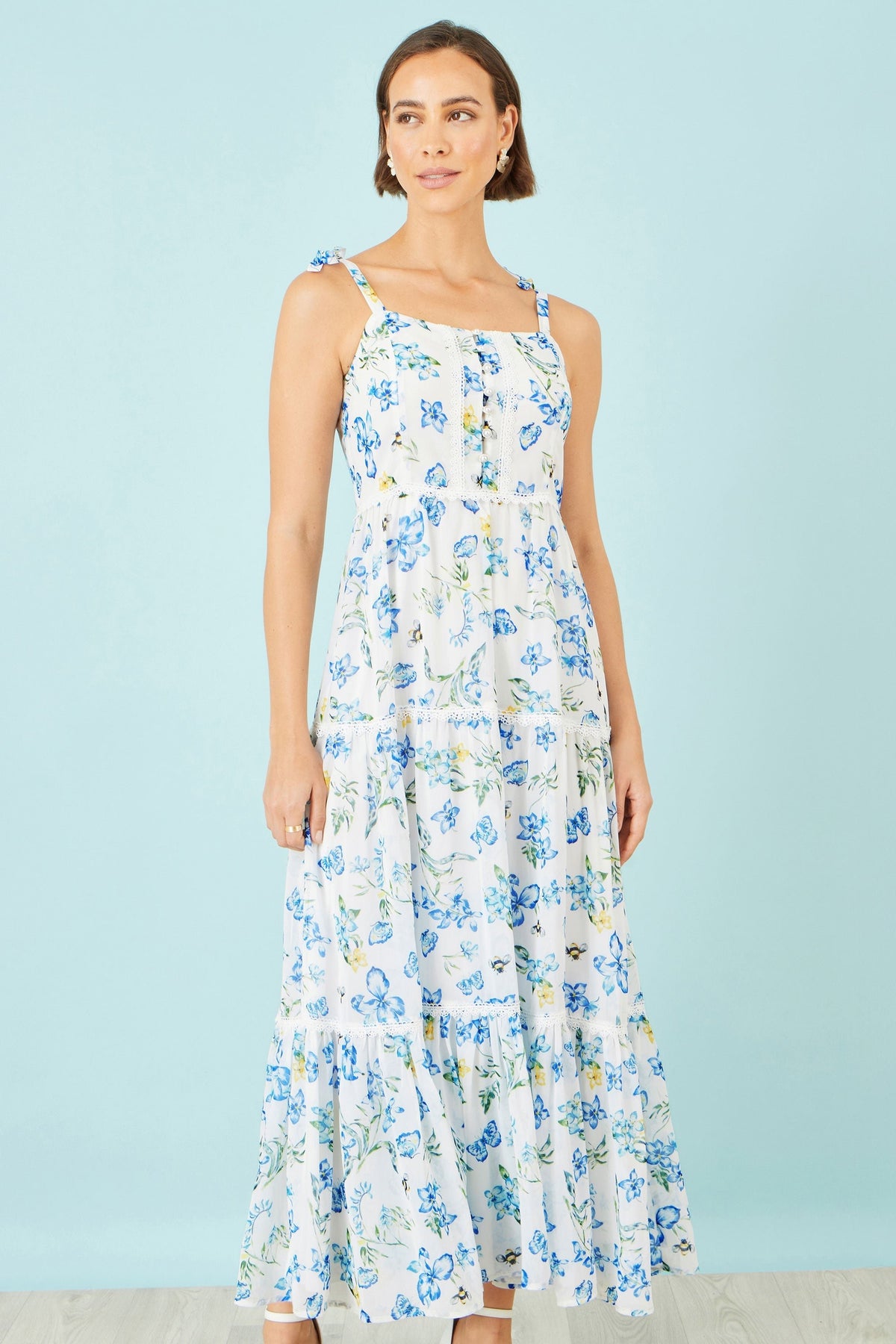 The Butterfly Print – White Tiered Maxi Dress - Bascora
