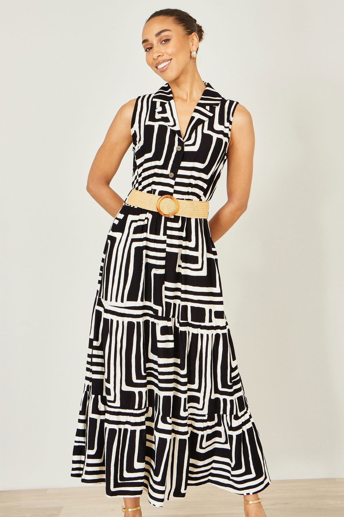 The Geo Print – Black Viscose Midi Shirt Dress - Bascora