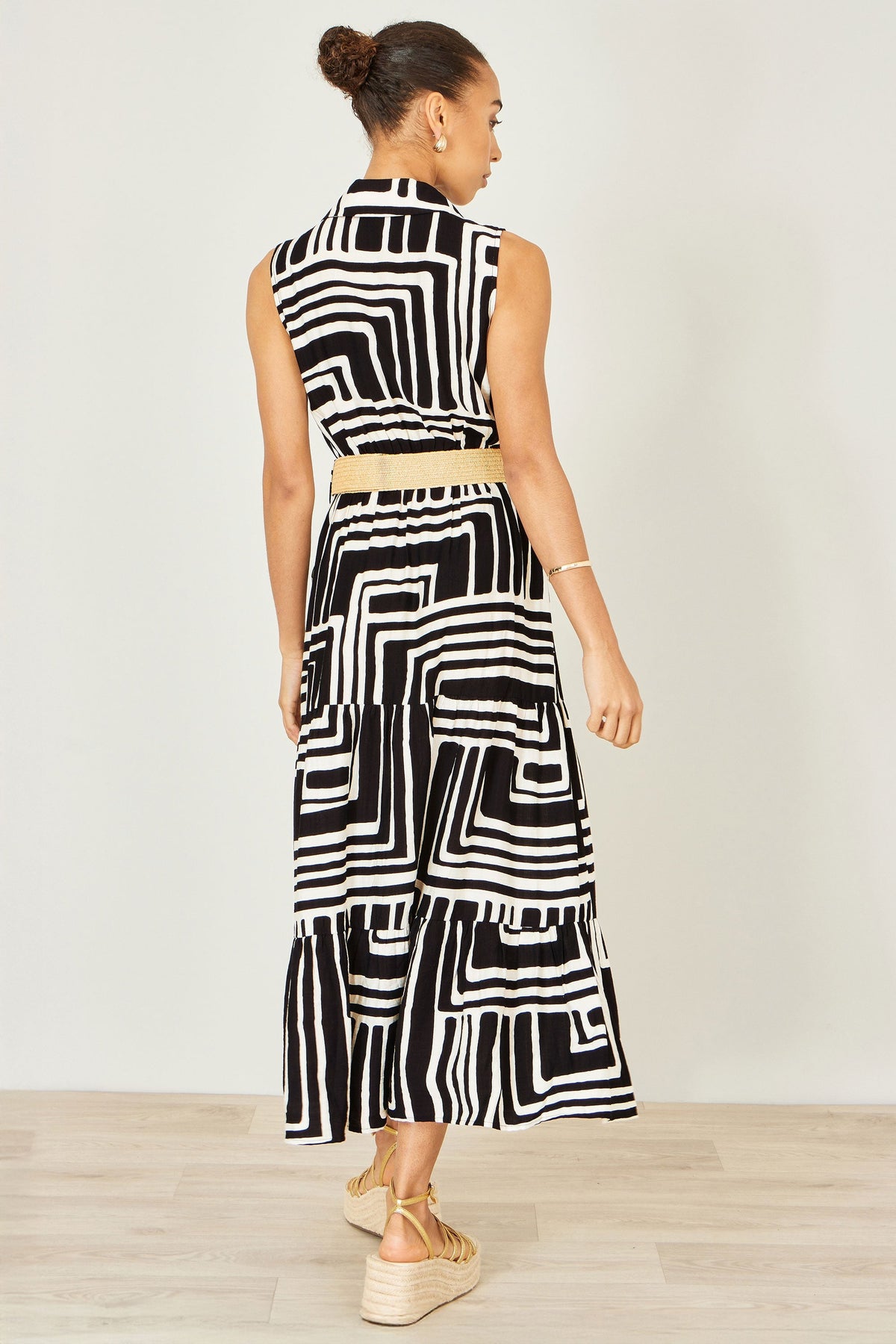 The Geo Print – Black Viscose Midi Shirt Dress - Bascora