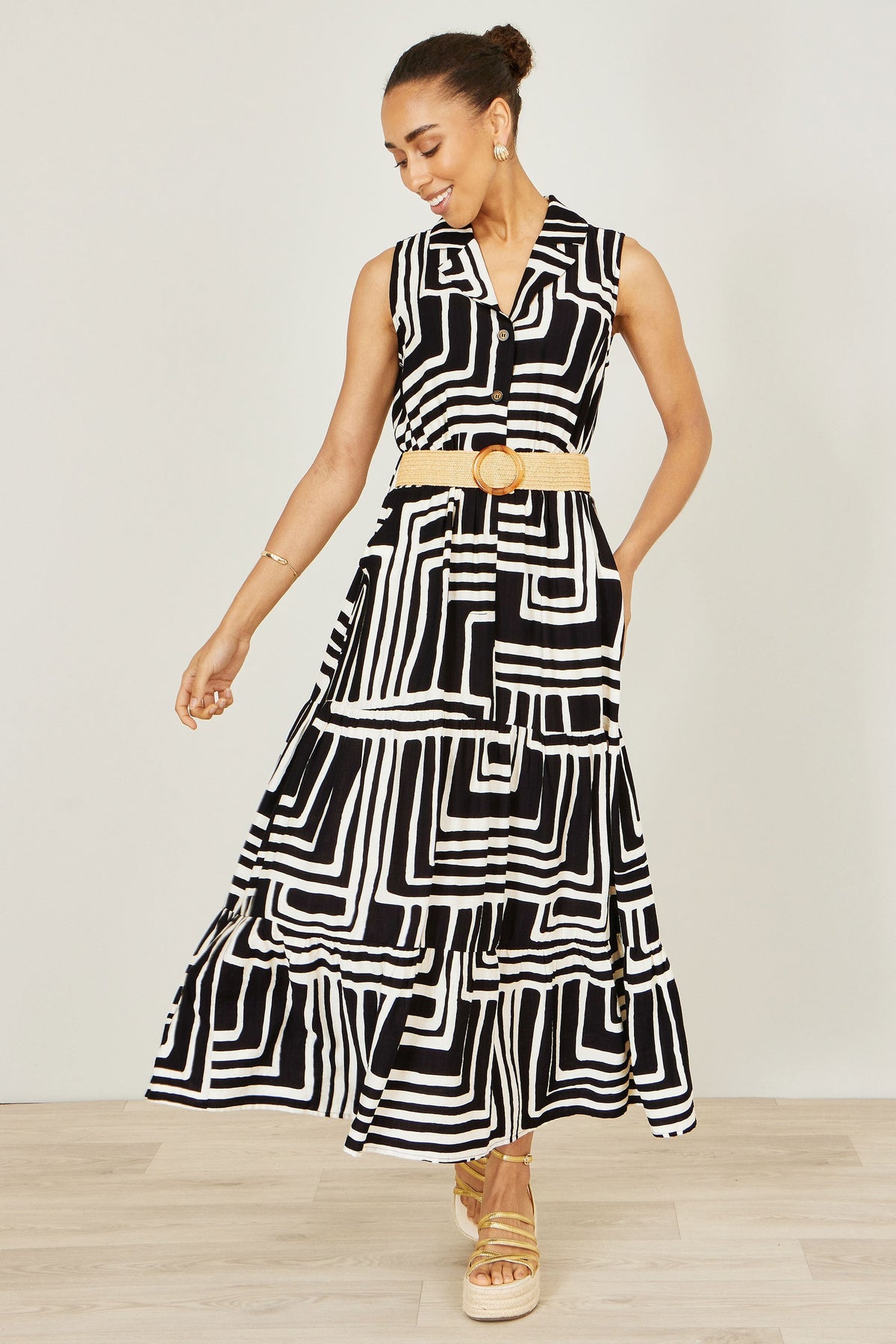 The Geo Print – Black Viscose Midi Shirt Dress - Bascora