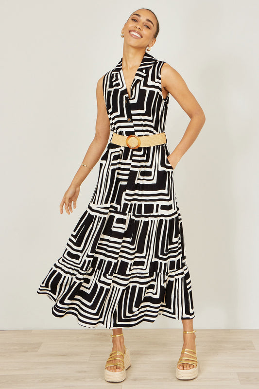 The Geo Print – Black Viscose Midi Shirt Dress - Bascora