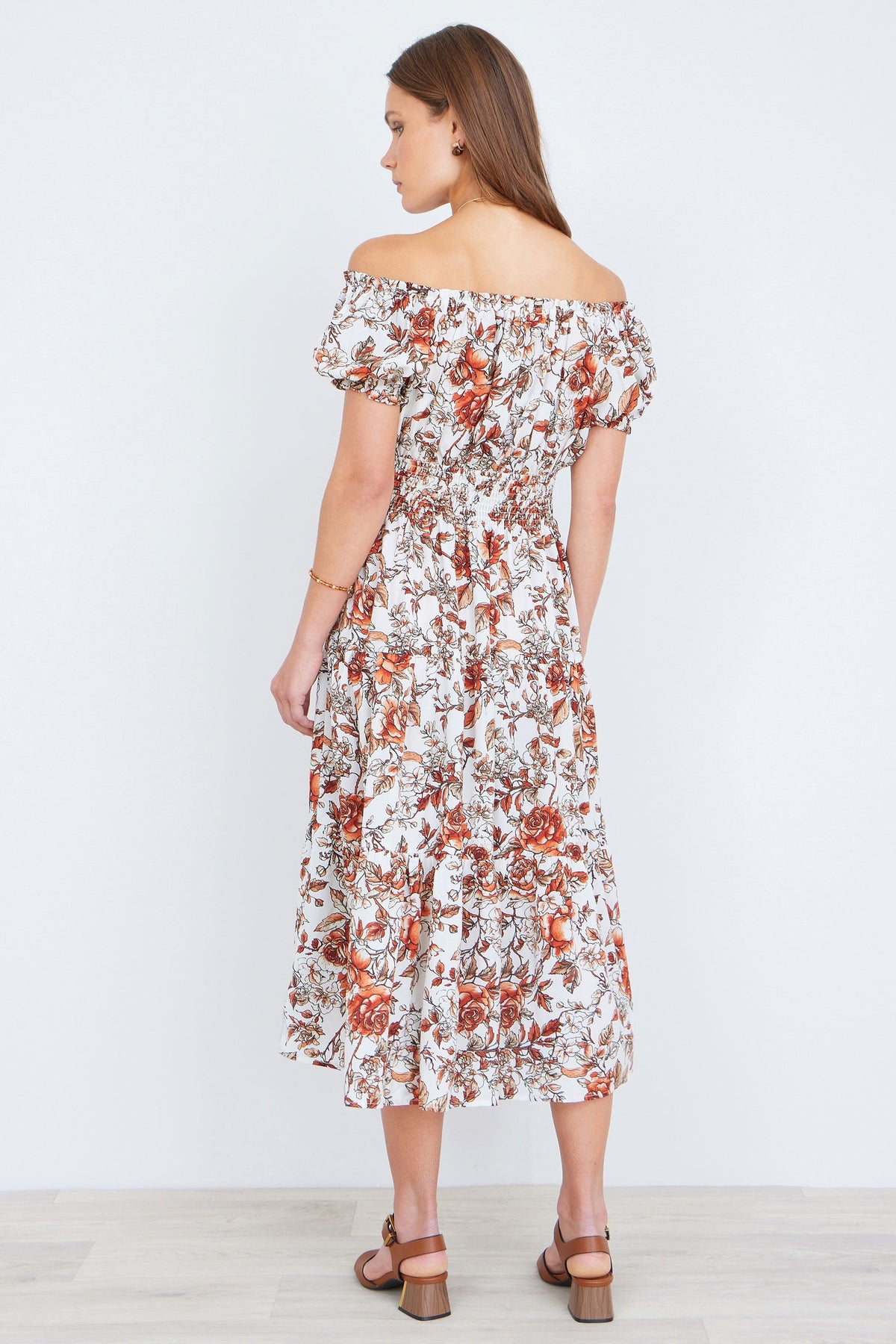 The Off-Shoulder – Orange Floral Midi Dress - Bascora